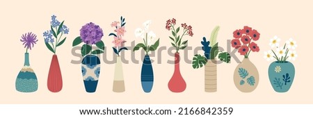 Set of different beautiful bouquets in vases. Blooming spring flowers, tropical leaves in elegant ceramic vases. Hand drawn vector illustration isolated on light background. Modern flat cartoon style.