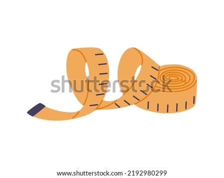 Yellow measuring tape. Measurement tool of length or size. Hand drawn vector illustration isolated on white background. Modern flat cartoon style.