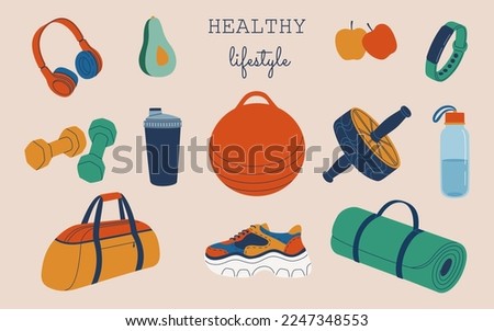 Sport equipment, fitness accessories. Home workout. Fitness ball, foam roller, yoga mat, gym wheel, shaker, dumbbell, fitness tracker, footwear. Hand drawn vector illustration. Flat style.