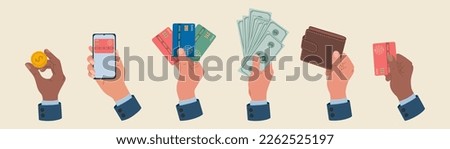 Set of businessman hands holding money, wallet, credit cards, coin, phone. Hand drawn vector vector illustration isolated on light background. Modern flat cartoon style.