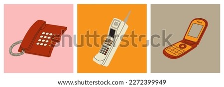 Three retro phones different generation. Push - button devices and vintage mobile phone with antenna. Hand drawn vector illustration isolated on colored background. Modern flat cartoon style.