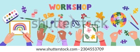 Creative workshop. Top view of the table with kids hands doing handmade craft work. Sewing, drawing, herbarium, picking up puzzles. Hand drawn vector illustration, flat cartoon style.