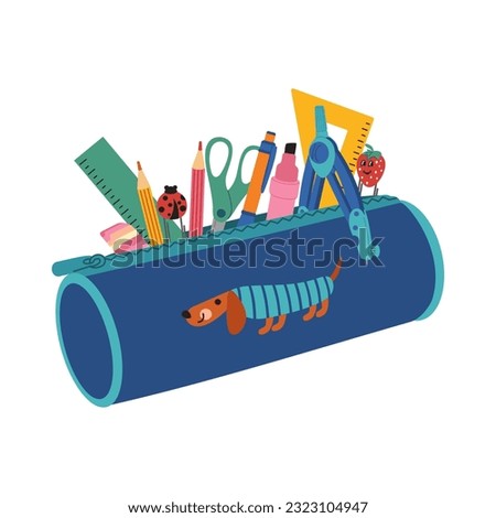 Set of school stationery in pencil box. Pens, pencils, rulers, marker, scissors, sharpener, clips in a pencil case. Hand drawn vector illustration isolated on white background, flat cartoon style.