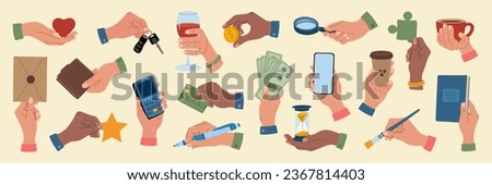Set of diverse hands holding different objects, phone, credit card, coin, heart, loupe, pen, banknotes, wallet, book. Hand drawn vector illustration isolated on light background, flat cartoon style.