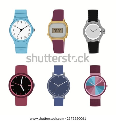 Set of modern wristwatches. Fashion clock collection. Various accessories for men and women. Hand drawn vector illustration isolated on white background, flat cartoon style.