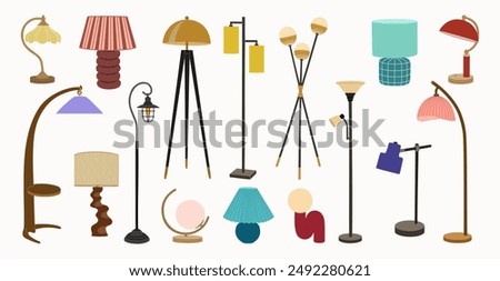 Set of different lamps. Floor and desk lamps.Home illumination for modern cozy interior. Hand drawn vector illustration isolated on white background. Flat cartoon style.