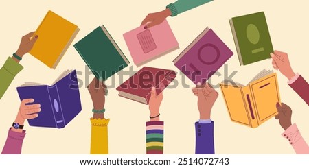 Books exchange or crossing. Diverse hands holding books. People exchanging, borrowing and recommending literature. Hand drawn vector illustration isolated on light background, flat cartoon style.