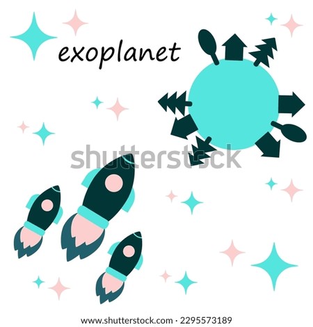 A fleet of Earth spaceships is headed for a habitable exoplanet. Cartoon vector illustration on white background.