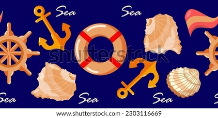 Marine elements: rudder, anchor, life preserver, shells and flag on dark blue background. Cartoon vector illustration. Seamless border.