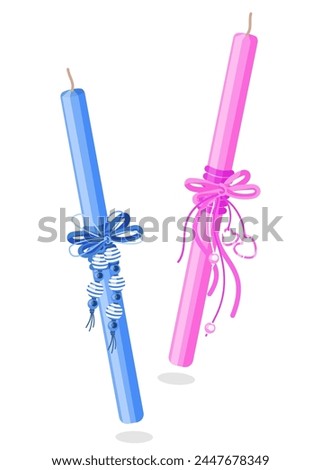 Two large blue and pink Easter candles on a white background. Easter traditions from different countries. Vector illustration.