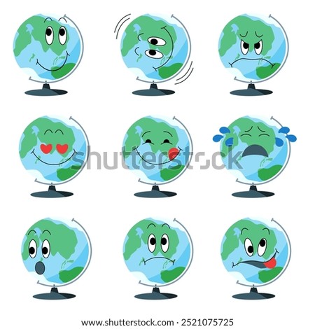 Emoji set. Cartoon globe mood: love, happy, funny, sweet, crying, surprise, confused, dizzy, think, smile, grumpy. Vector illustration for stickers and school supplies.