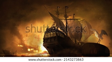 Digital paint - pirate ship attack a Portuguese armada ship Foto stock © 