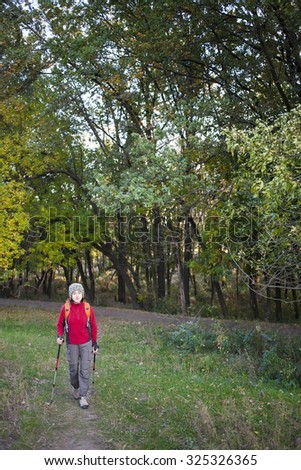 Woman with a backpack walking along the road in the woods.