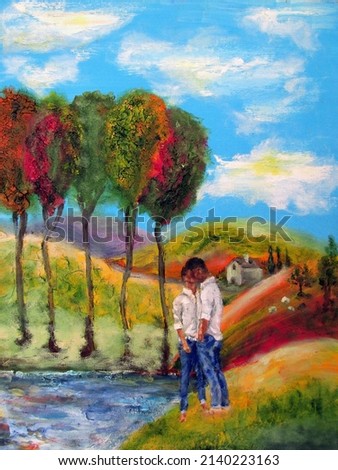 Gay Couple Kissing Men Male Kiss Impressionist Colorful Landscape Tuscany Italy Fields House Farm Countryside Watercolor Queer Art Original Oil Art Painting Impasto artwork Impressionism Art Canvas