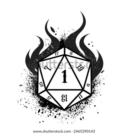 critical 1, D20 dice with flame, rpg dice, rpg game, vector illustration	
