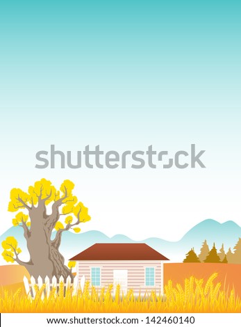 Landscape with lake, mountains and house.