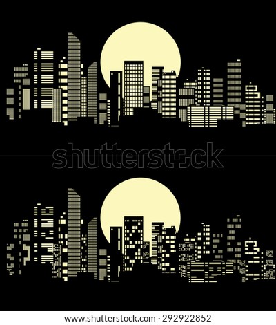 Vector panorama night city district skyscrapers on background black sky and dramatic moon with two variant light windows