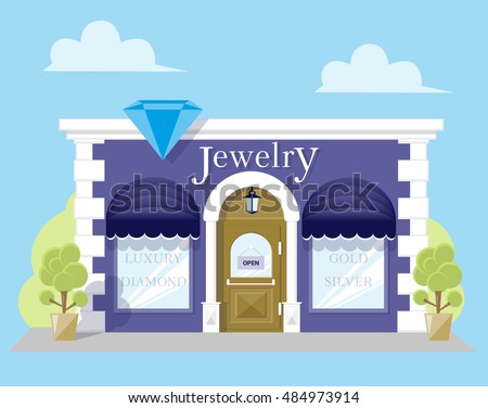 Facade jewerly store with a signboard, awning and silhouettes title in shopwindow. Image in a flat design. Front shop for Concept brochure or banner. Vector illustration isolated on blue background