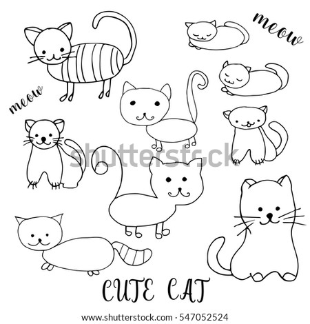 Set Of Children Drawing A Cute Cats The Template For Painting Hand Drawn