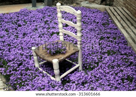 GIRONA, CATALONIA/SPAIN - MAY 12, 2014: Purple flowers around a little chair, in the patio of the Jewish History Museum. Time of Flowers 2014: exhibition of flowers, monuments, patios and gardens