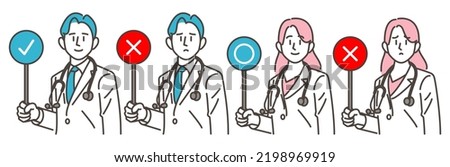 Male and female doctors in white coats with stethoscopes down, indicating true or false [vector illustration set].