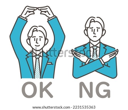 Young male businessman gesturing OK and NG, success and failure [Vector illustration].