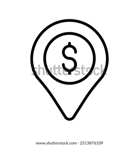 Financial Location Pin Icon - Dollar Sign Map Marker for Banking, ATM, and Financial Services - Vector Illustration for Money Management, Investment, and Economic Navigation