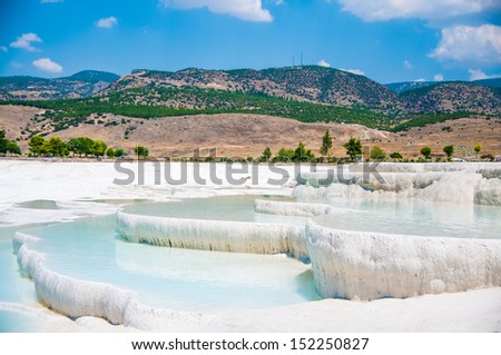 Famous travertine pools and terraces with landscape in Pamukkale Turkey