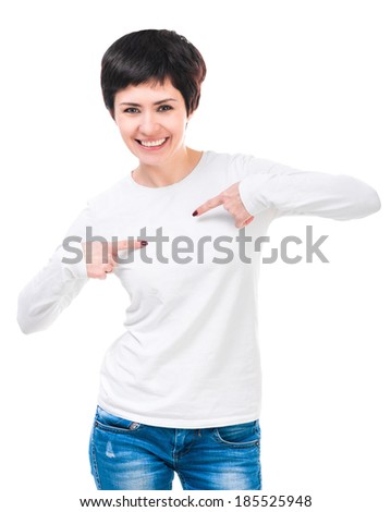 Shorthair woman showing a thumbs up on her blouse. Isolated on white