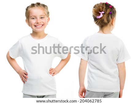 Little girl in a white T-shirt isolated on white background, front and back