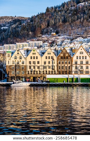 Bergen, Norway - December 27, 2014: Famous Bryggen and old houses in the center of Bergen at Christmas, Norway