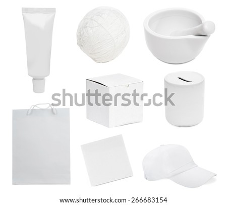 Photo collage of white objects isolated on white background