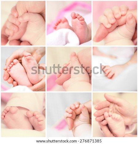 Photo collage of small hands and feet in hand parent baby