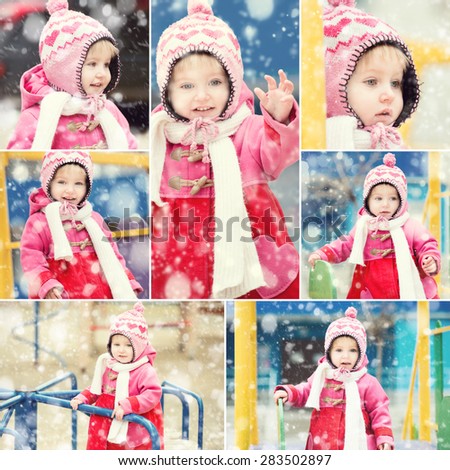 collage photo girl in a red coat and a pink winter cap playing in the yard