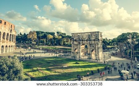 Rome, Italy - 18 November 2014: The Arch of Constantine is a triumphal arch in Rome near Coliseum