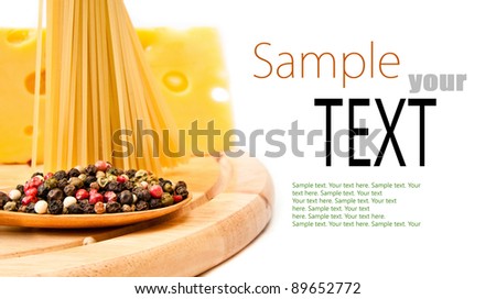 Sample text with spaghetti with cheese and spices on the kitchen board