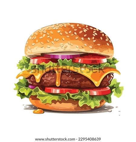 Burger flat vector icon, Hamburger with tomato, lettuce, cheese, onion. Detailed burger vector design.