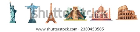Set of famous monuments and landmarks. statue of liberty, Christ the redeemer, Eiffel tower, Chichen Itza, Taj mahal mosque, Colosseum. Vector design. Famous towers and world monuments vector set.