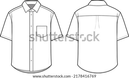 Oxford Collared Button Shirt Short Sleeve Flat Technical Drawing Illustration Blank Mock-up Template for Design and Tech Packs CAD