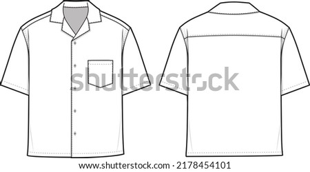 Camp Button Shirt Short Sleeve Flat Technical Drawing Illustration Blank Mock-up Template for Design and Tech Packs CAD Technical Sketch