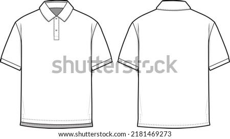 Polo Shirt Short Sleeve Collared Flat Technical Drawing Illustration Blank Mock-up Template for Design and Tech Packs CAD Technical Sketch