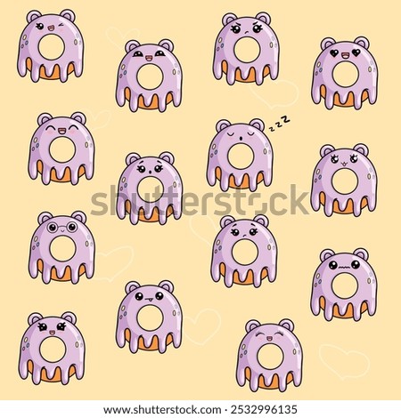 A large set of funny donuts in kawaii style with ears and a cute face. Various character emotions. Vector illustration.