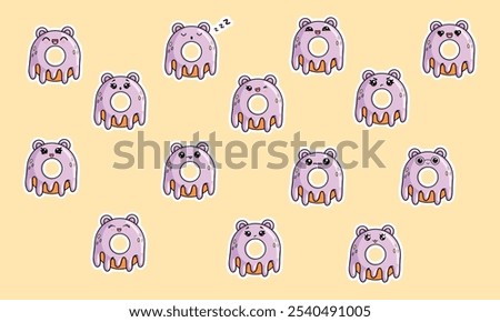  A large set of funny donut stickers in the kawaii style with ears and a cute face. Various emotions of the characters. Vector isolated illustration.