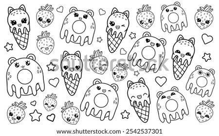 Cute large collection of children's coloring pages in kawaii style. Isolated food vector illustration on white background