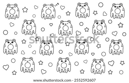 A large set of coloring pages with kawaii donuts with bear ears and a funny face. Various Kawaii emotions.Vector illustration isolated on white background.