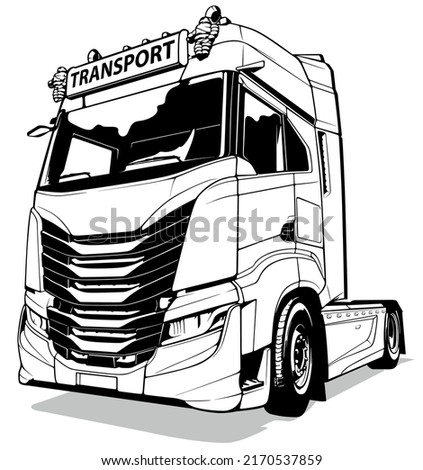 Drawing of a European Truck from the Front View - Black  Illustration Isolated on White Background, Vector