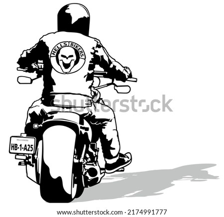 Drawing of a Biker on a Motorcycle from the Back - Black Illustration Isolated on White Background, Vector