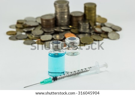 Vaccine with syringe and money   on white background. Expensive bill. Finance concept of pharmacy business.