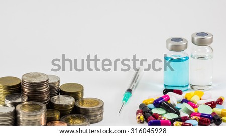 Medicine with money and syringe on white background. Expensive bill. Finance concept of pharmacy business.