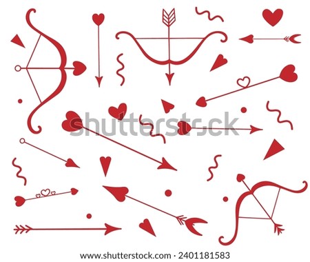 Cupid's red arrows. Set of Cupid's love arrows. Bow and arrow for Valentine's Day and St. Patrick's Day.